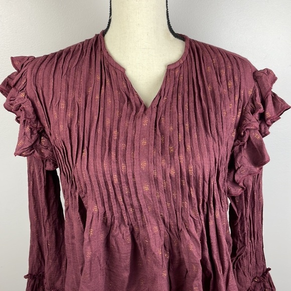 Versona Cropped Blouse SZ S Ruffle Sleeves Maroon with Gold Sparkles - Picture 2 of 11